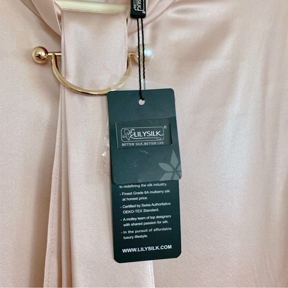 🌺 Lilysilk Pale Pink Silk Feminine Stand Collar Blouse Top w/ Pearl Clip Brooch - Picture 11 of 14